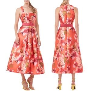 Kay Unger New York Pleated Floral-Print Mikado Dress, Size 12